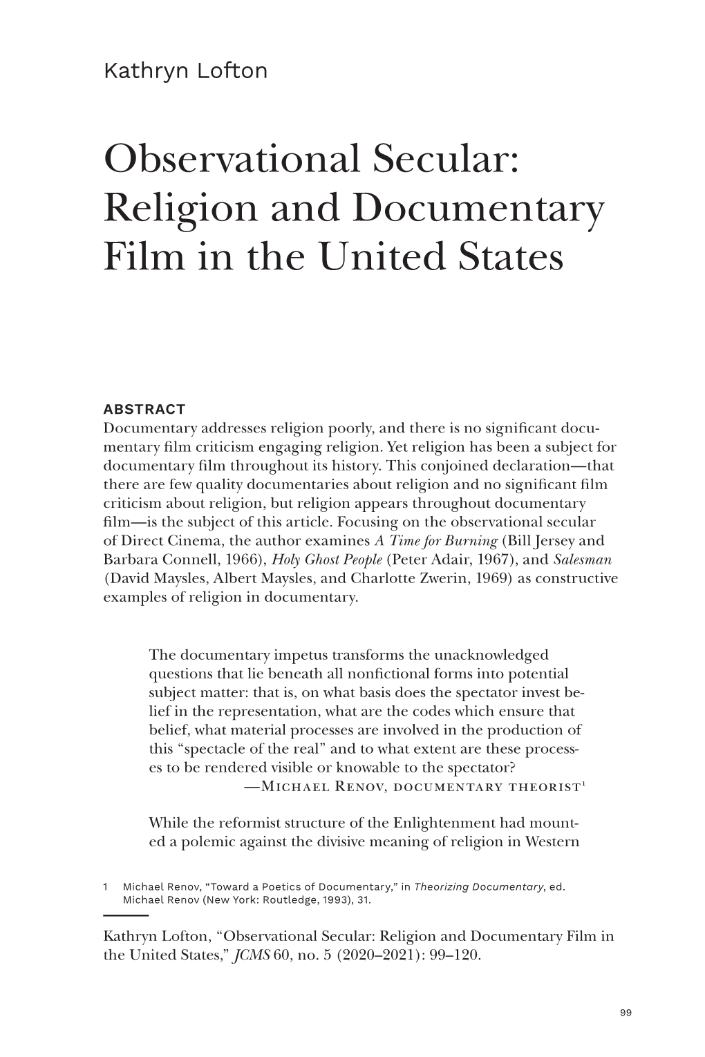 Observational Secular: Religion and Documentary Film in the United States