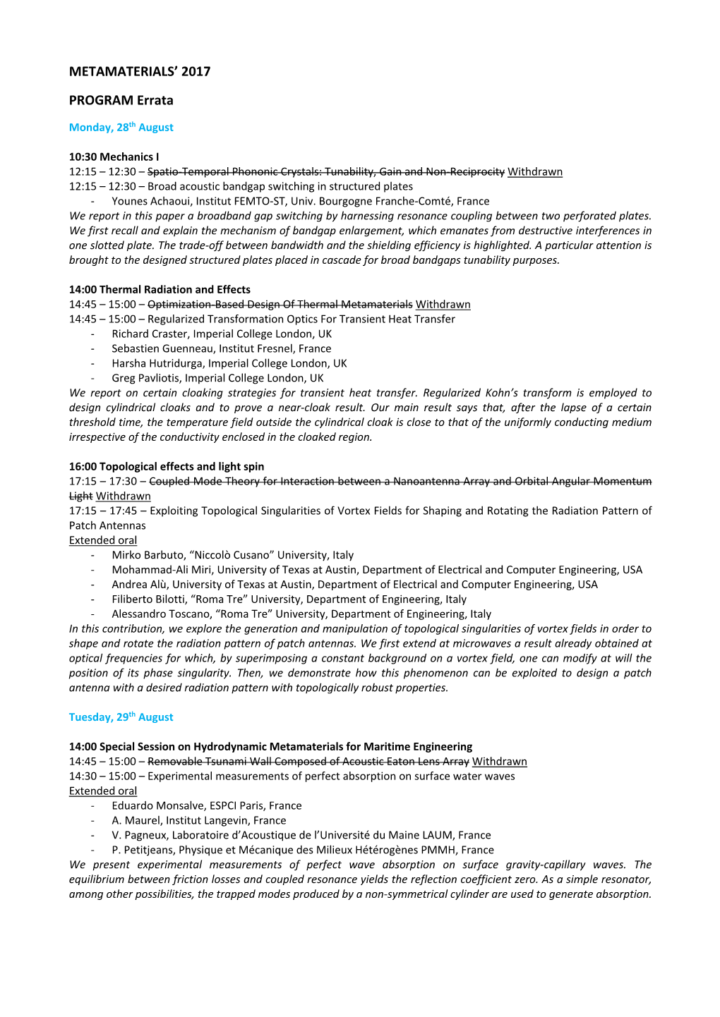 METAMATERIALS' 2017 PROGRAM Errata