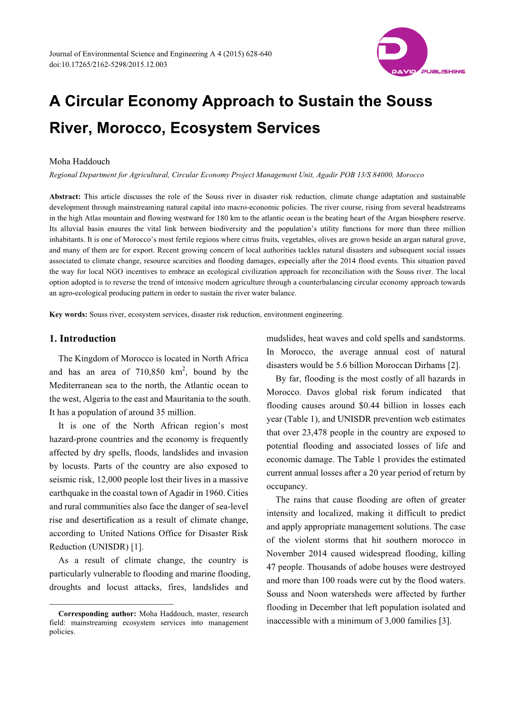 A Circular Economy Approach to Sustain the Souss River, Morocco, Ecosystem Services