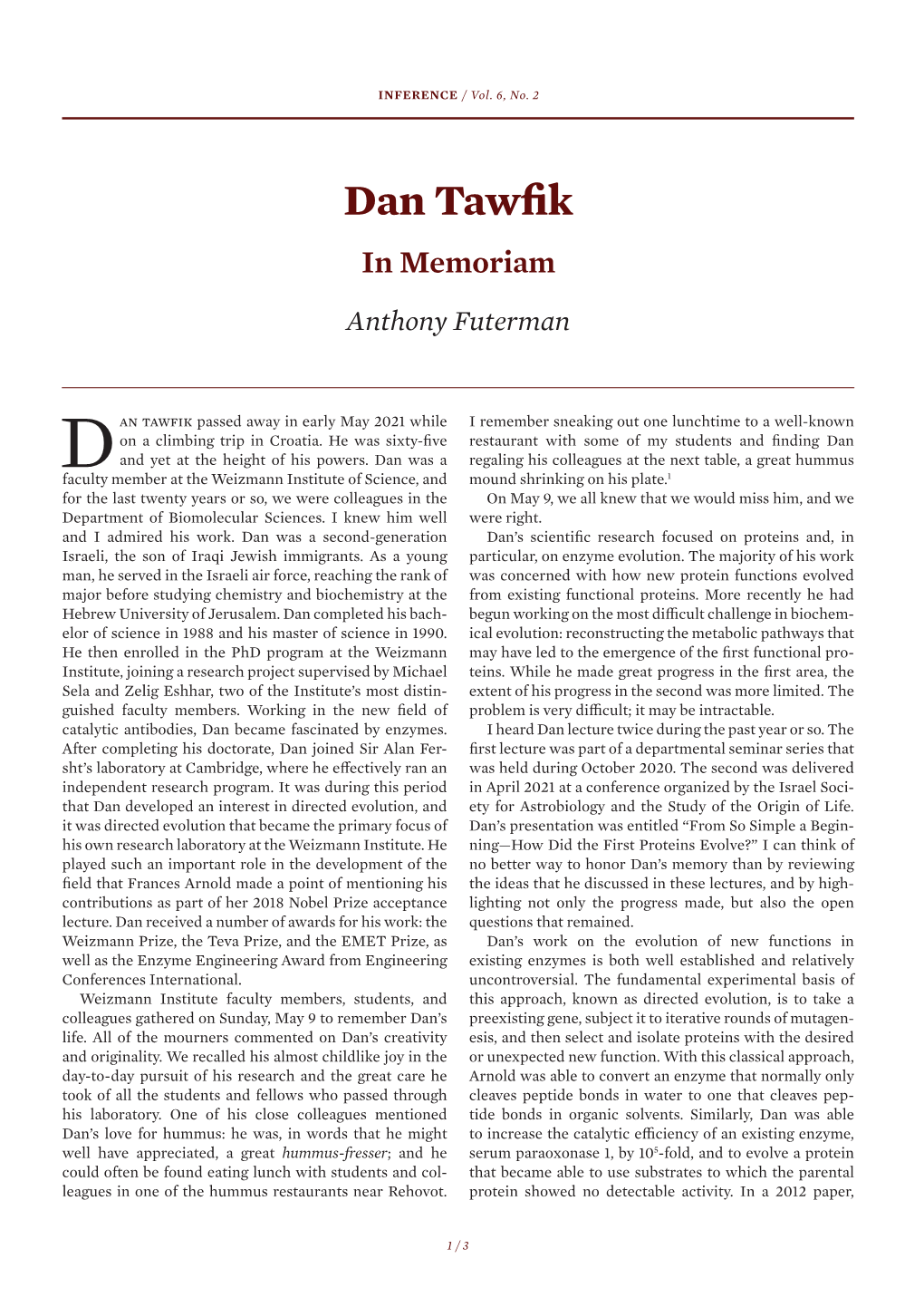 Dan Tawfik: in Memoriam