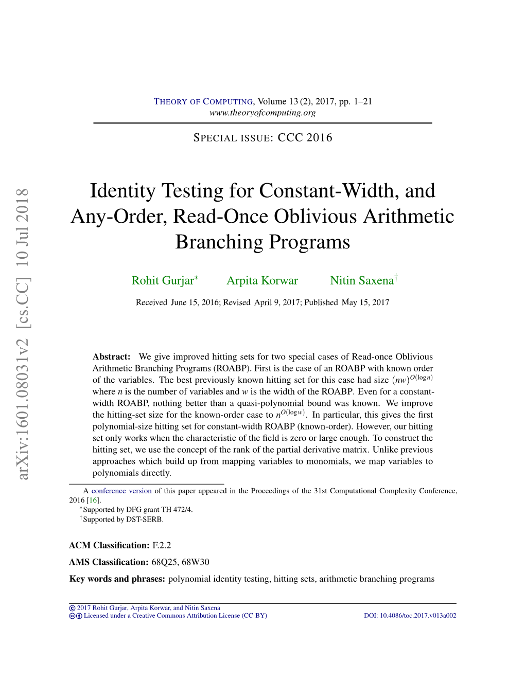 Identity Testing for Constant-Width, and Any-Order, Read-Once Oblivious Arithmetic Branching Programs
