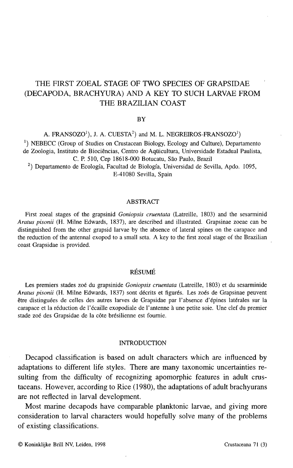 Decapoda, Brachyura) and a Key to Such Larvae from the Brazilian Coast