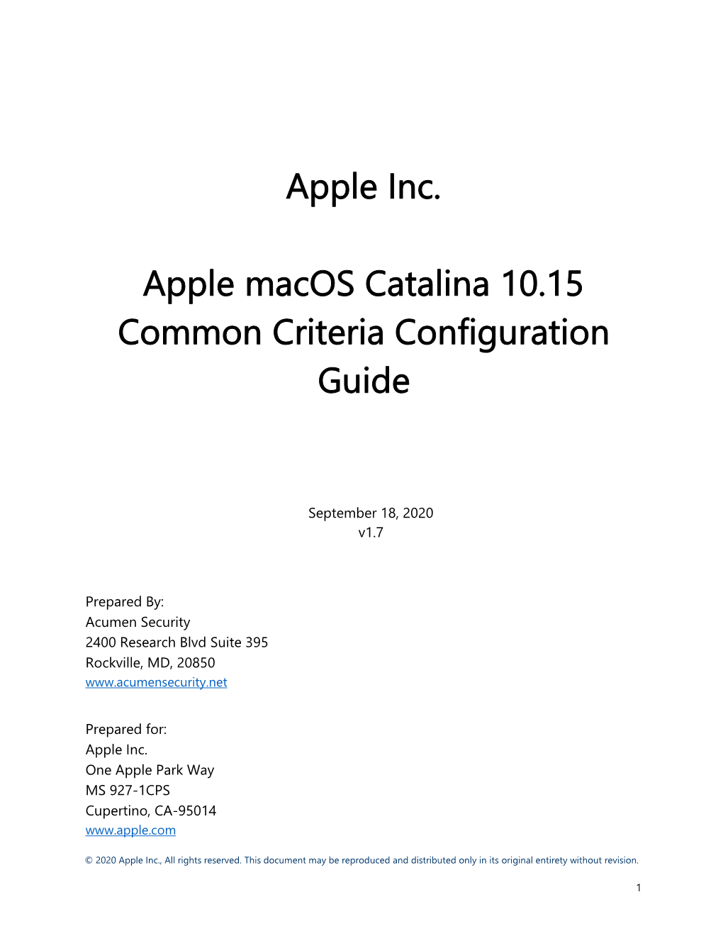 Apple Inc. Apple Macos Catalina 10.15 Common Criteria Configuration Guide