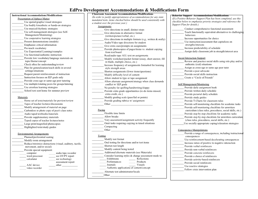 Classroom Assessment Accommodations/Modifications