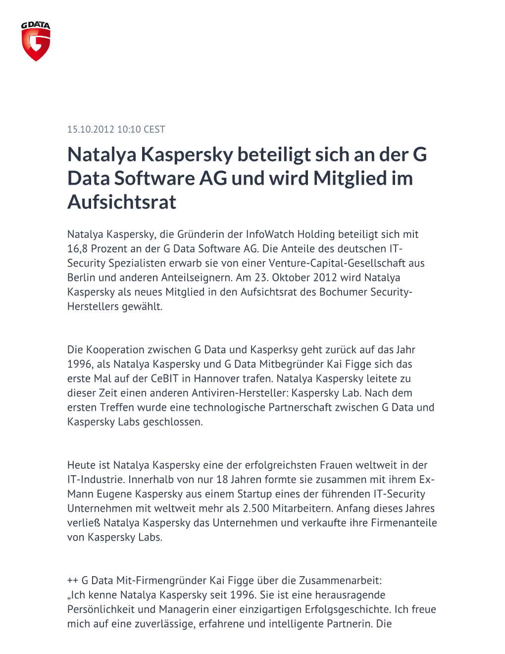 Natalya Kaspersky Beteiligt Sich an Der G Data Software AG Und Wird Mitglied Im Aufsichtsrat