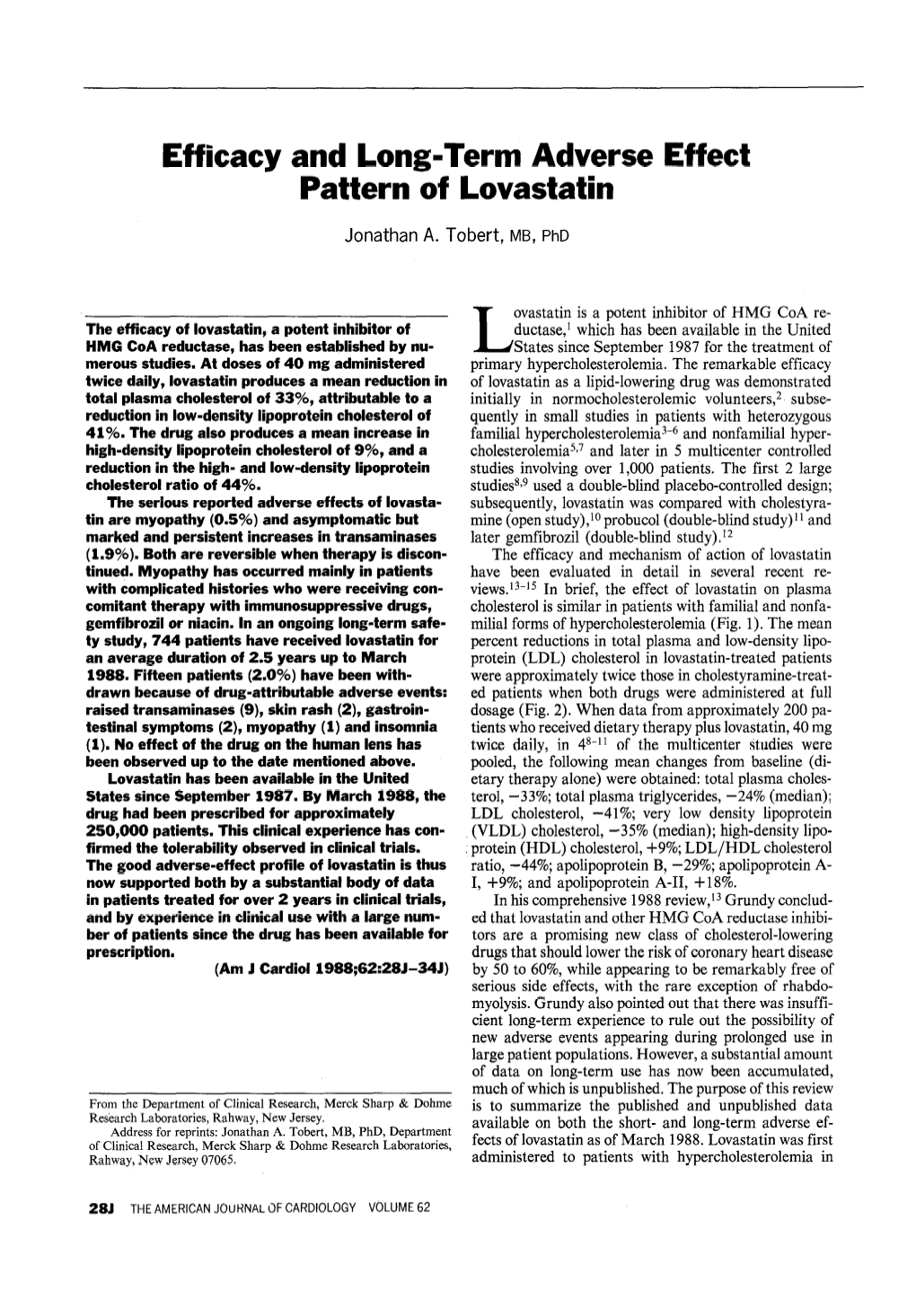 Efficacy and Long-Term Adverse Effect Pattern of Lovastatin