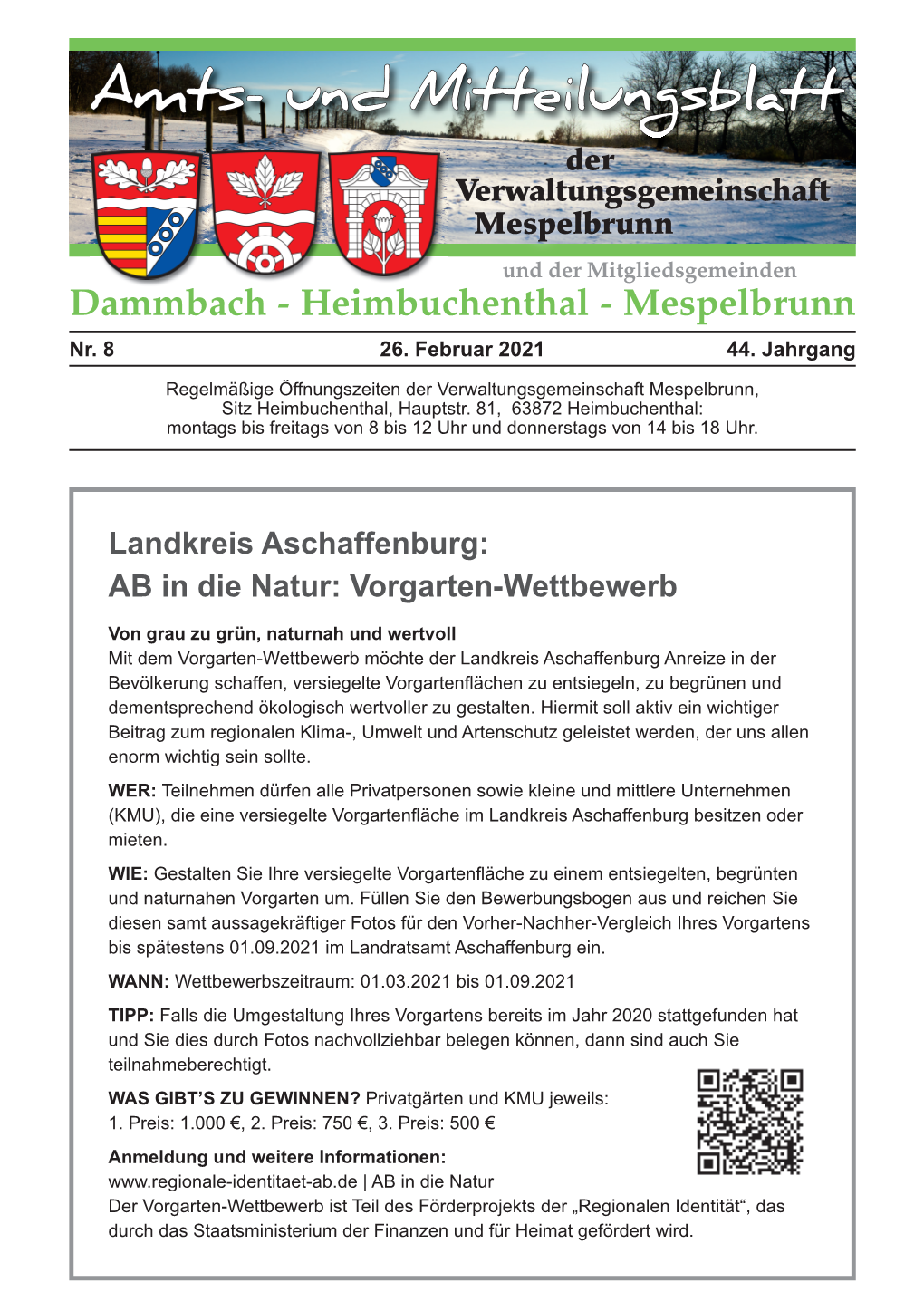 Amts- Und Mitteilungsblatt Der Verwaltungsgemeinschaft Mespelbrunn Und Der Mitgliedsgemeinden Dammbach - Heimbuchenthal - Mespelbrunn Nr