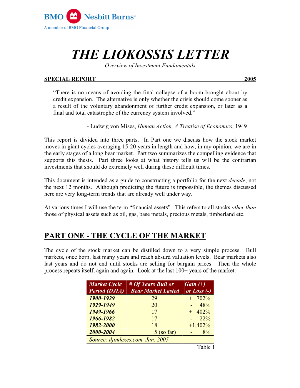 THE LIOKOSSIS LETTER Overview of Investment Fundamentals