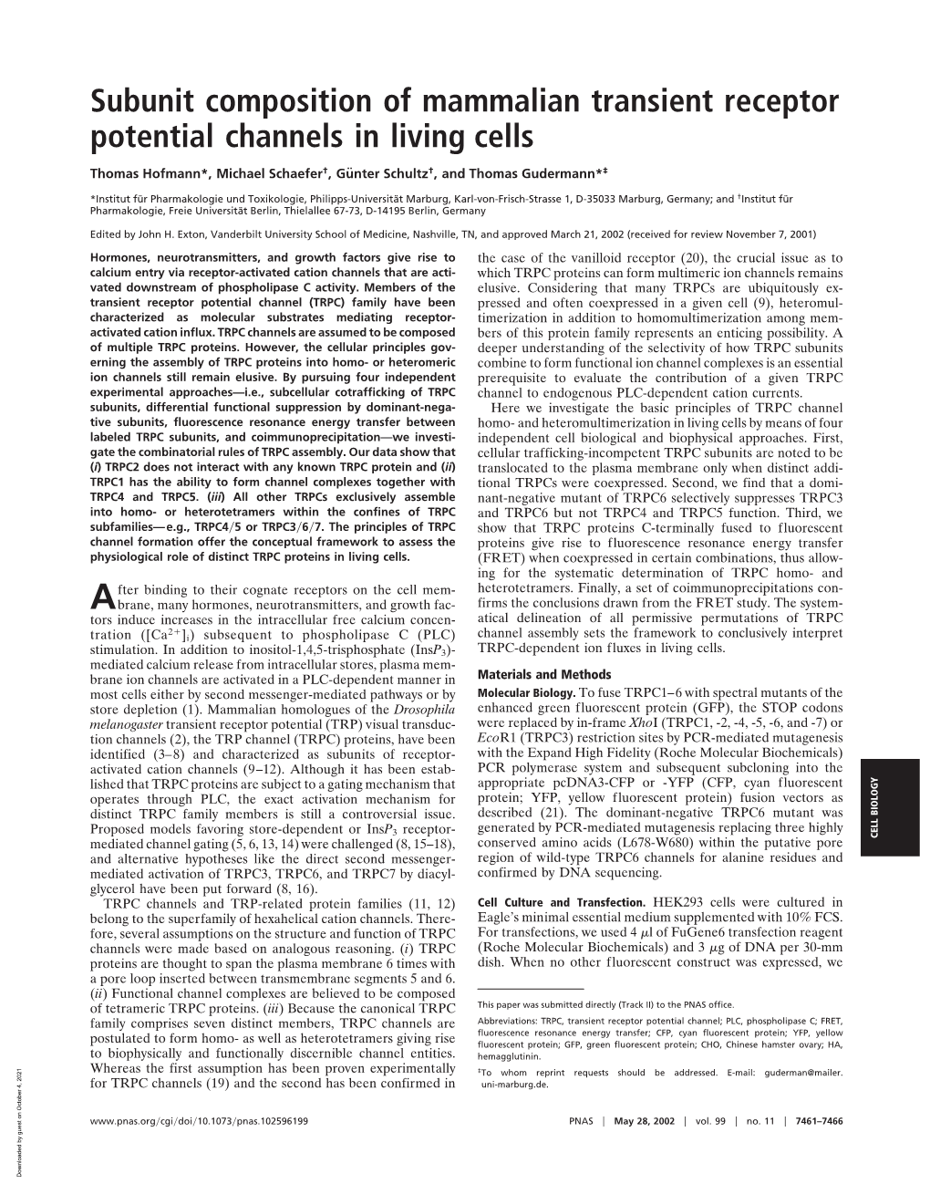 Subunit Composition of Mammalian Transient Receptor Potential Channels in Living Cells