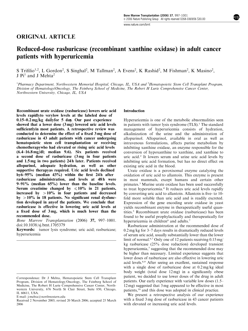 Reduced-Dose Rasburicase (Recombinant Xanthine Oxidase) in Adult Cancer Patients with Hyperuricemia