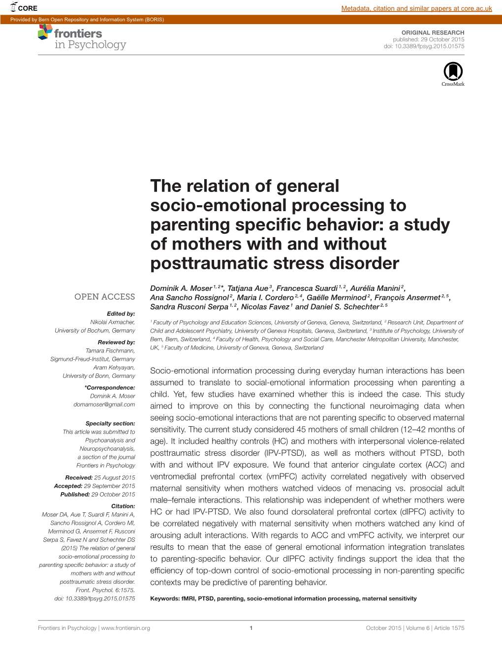 The Relation of General Socio-Emotional Processing to Parenting Speciﬁc Behavior: a Study of Mothers with and Without Posttraumatic Stress Disorder