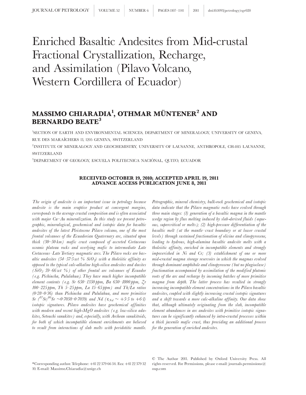 Enriched Basaltic Andesites from Mid-Crustal Fractional Crystallization, Recharge, and Assimilation (Pilavo Volcano, Western Cordillera of Ecuador)