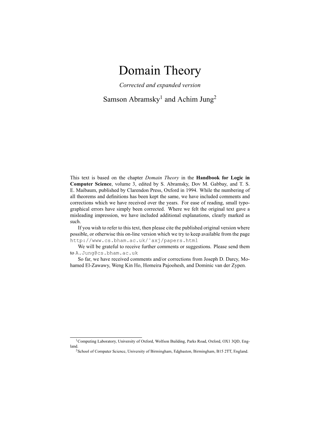 Domain Theory Corrected and Expanded Version Samson Abramsky1 and Achim Jung2