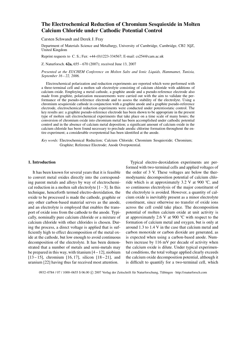 The Electrochemical Reduction of Chromium Sesquioxide in Molten Calcium Chloride Under Cathodic Potential Control