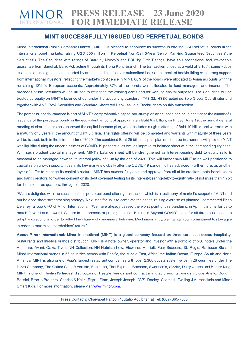 Minor International (MINT) Is a Global Company Focused on Three Core Businesses: Hospitality, Restaurants and Lifestyle Brands Distribution