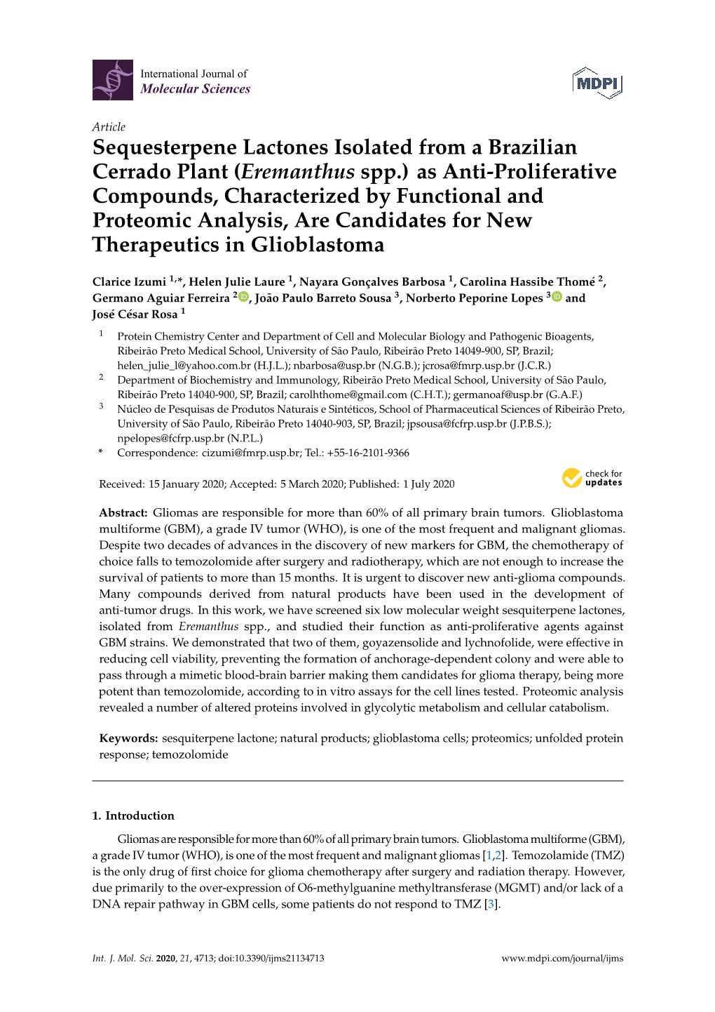 Sequesterpene Lactones Isolated from a Brazilian Cerrado Plant