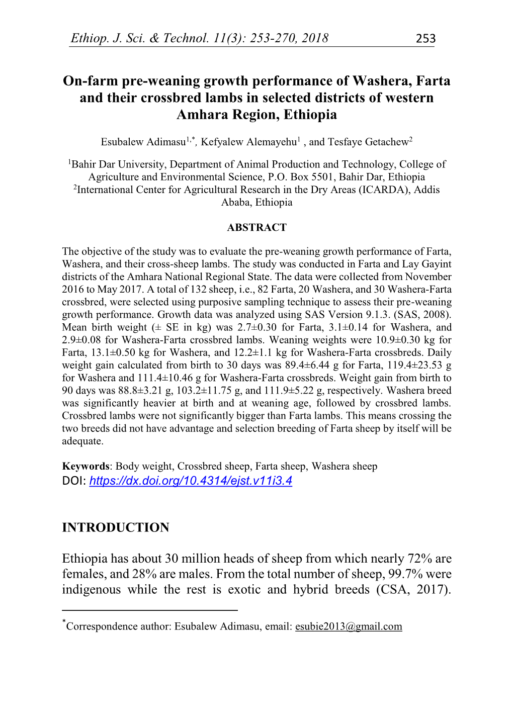 On-Farm Pre-Weaning Growth Performance of Washera, Farta and Their Crossbred Lambs in Selected Districts of Western Amhara Region, Ethiopia