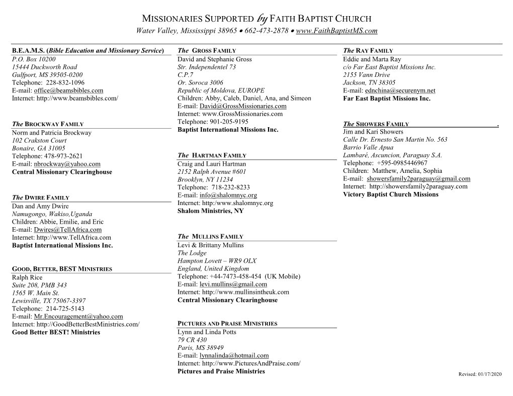 MISSIONARIES SUPPORTED by FAITH BAPTIST CHURCH Water Valley, Mississippi 38965 • 662-473-2878 •