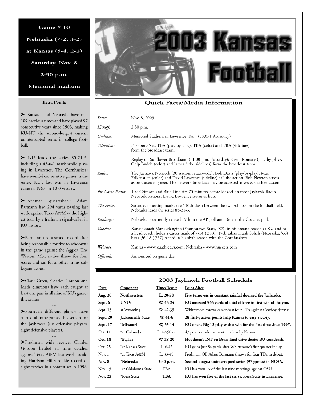 2003 Jayhawk Football Schedule Quick Facts/Media