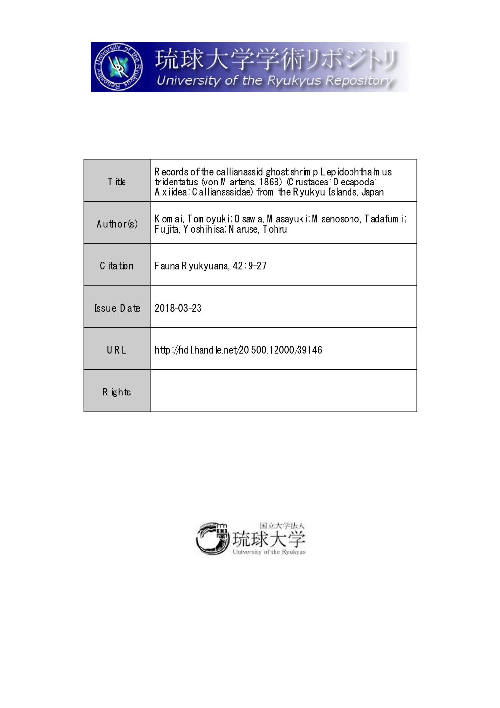 Title Records of the Callianassid Ghost Shrimp Lepidophthalmus Tridentatus