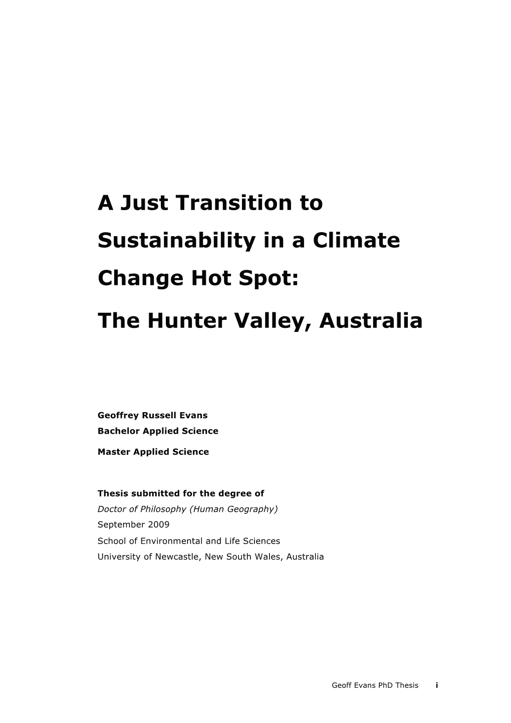 A Just Transition to Sustainability in a Climate Change Hot Spot: the Hunter Valley, Australia