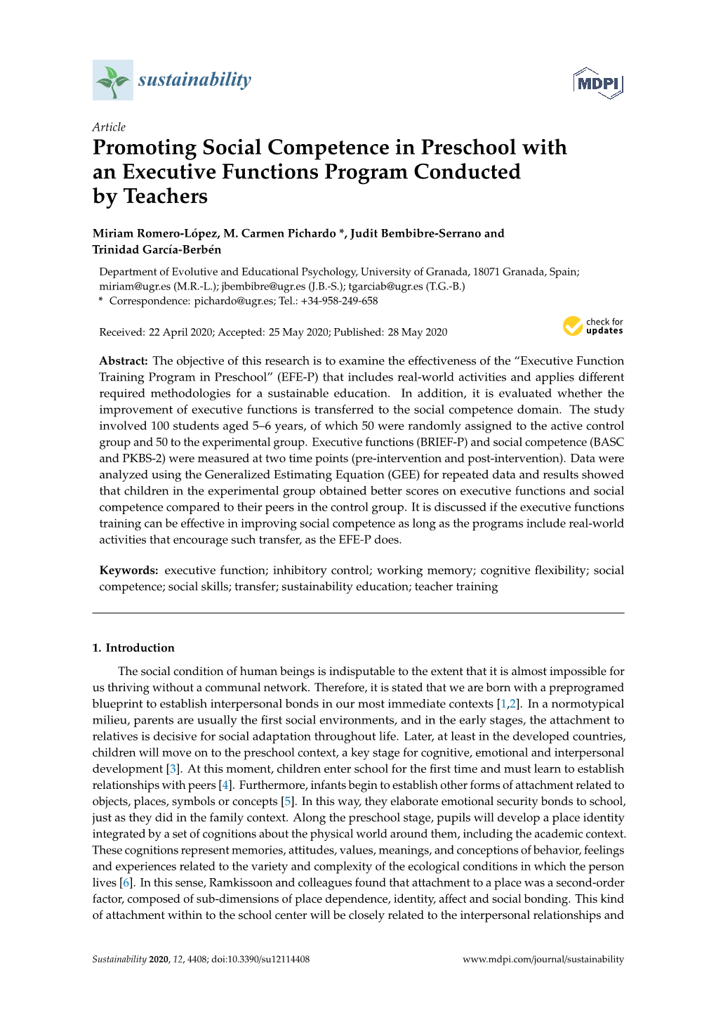 Promoting Social Competence in Preschool with an Executive Functions Program Conducted by Teachers