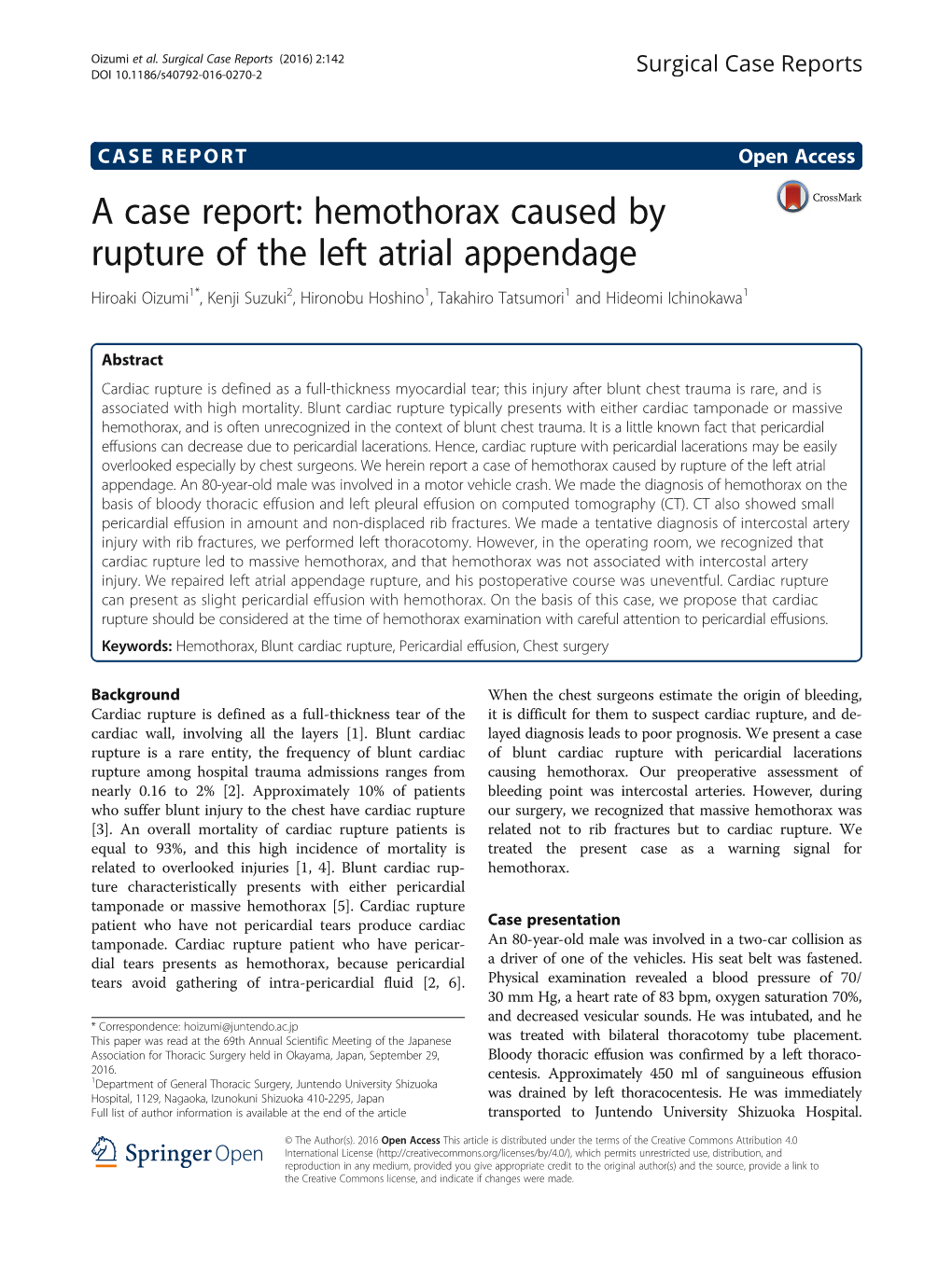 A Case Report: Hemothorax Caused by Rupture of the Left Atrial Appendage