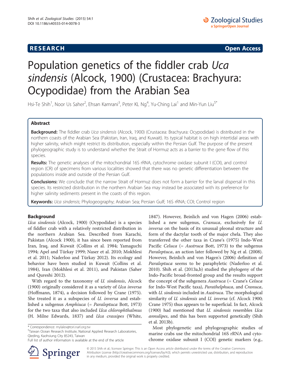 Population Genetics of the Fiddler Crab Uca Sindensis (Alcock, 1900