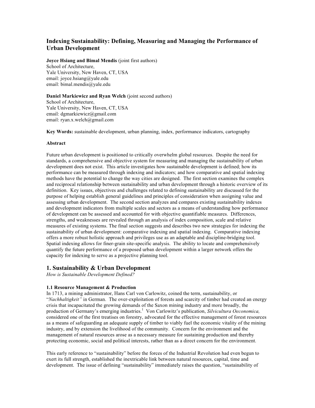 Indexing Sustainability: Defining, Measuring and Managing the Performance of Urban Development