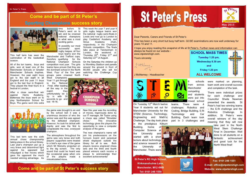 Come and Be Part of St Peter's Sporting Champions Success Story