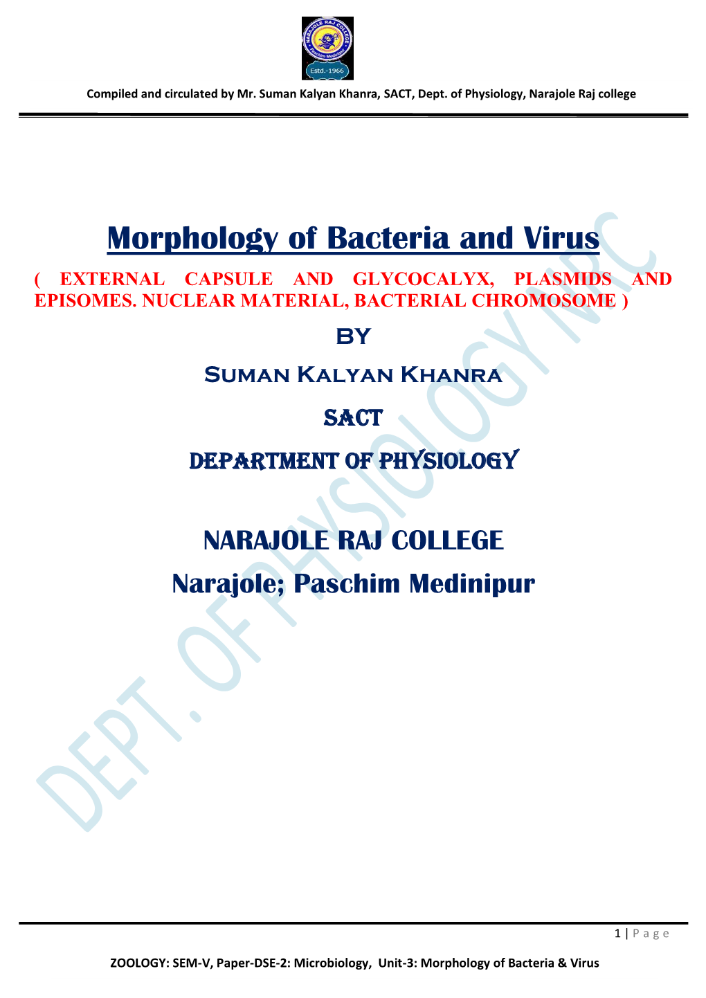 Morphology of Bacteria and Virus ( EXTERNAL CAPSULE and GLYCOCALYX, PLASMIDS and EPISOMES