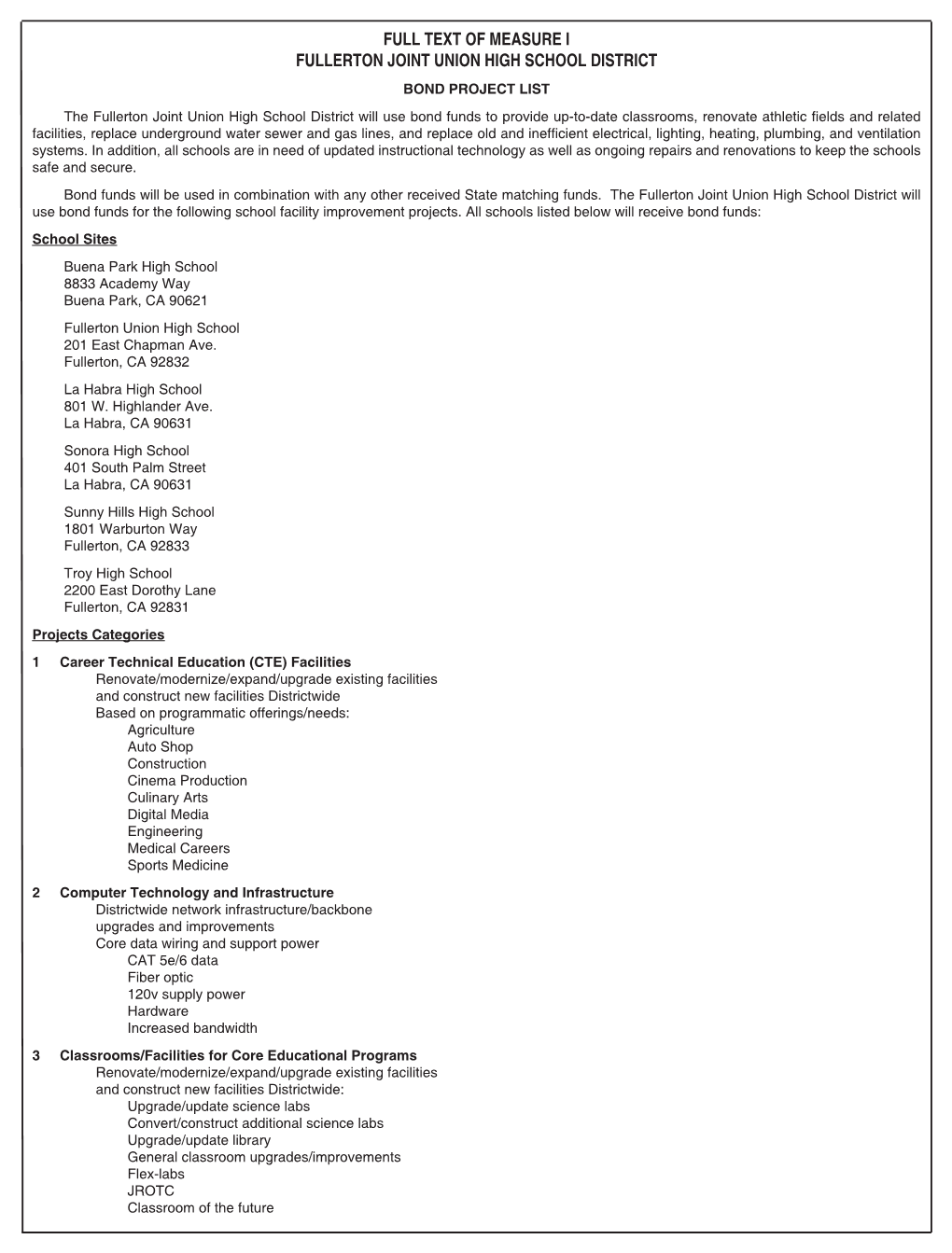 Full Text of Measure I Fullerton Joint Union High School District