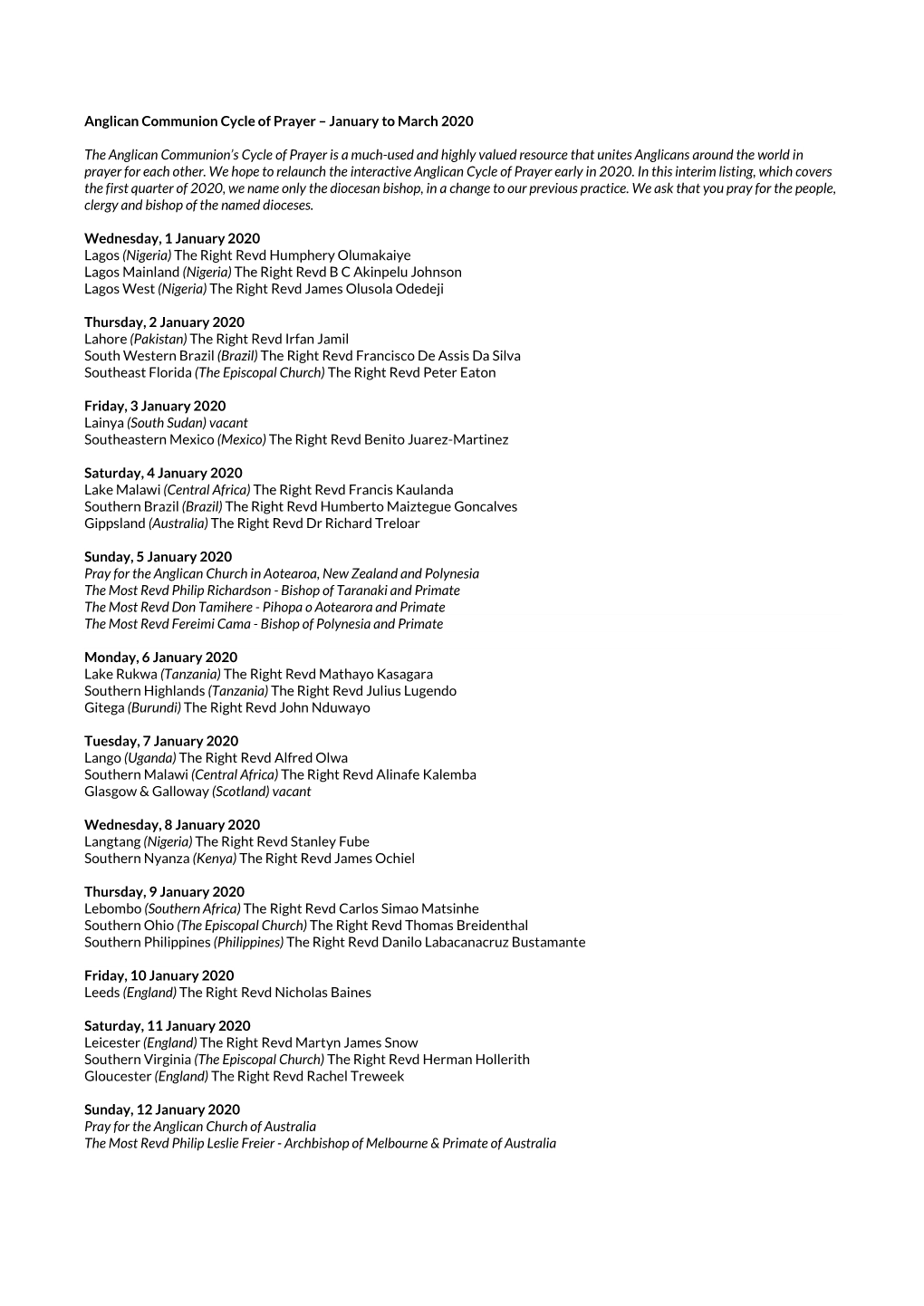 January to March 2020 the Anglican Communion's Cycle of Prayer Is A