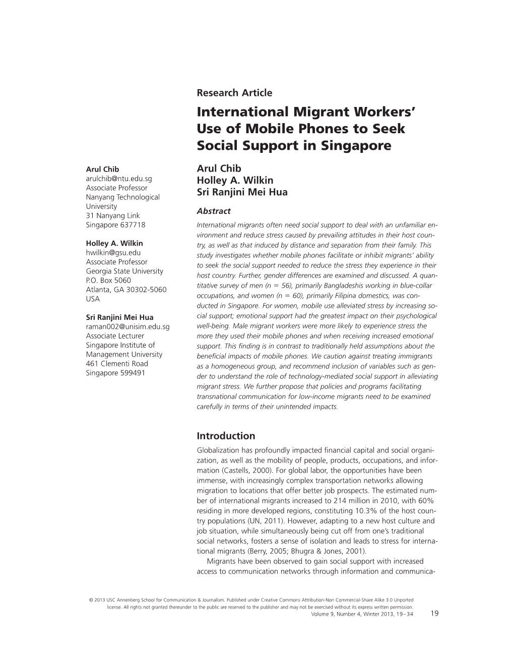 International Migrant Workers' Use of Mobile Phones to Seek Social