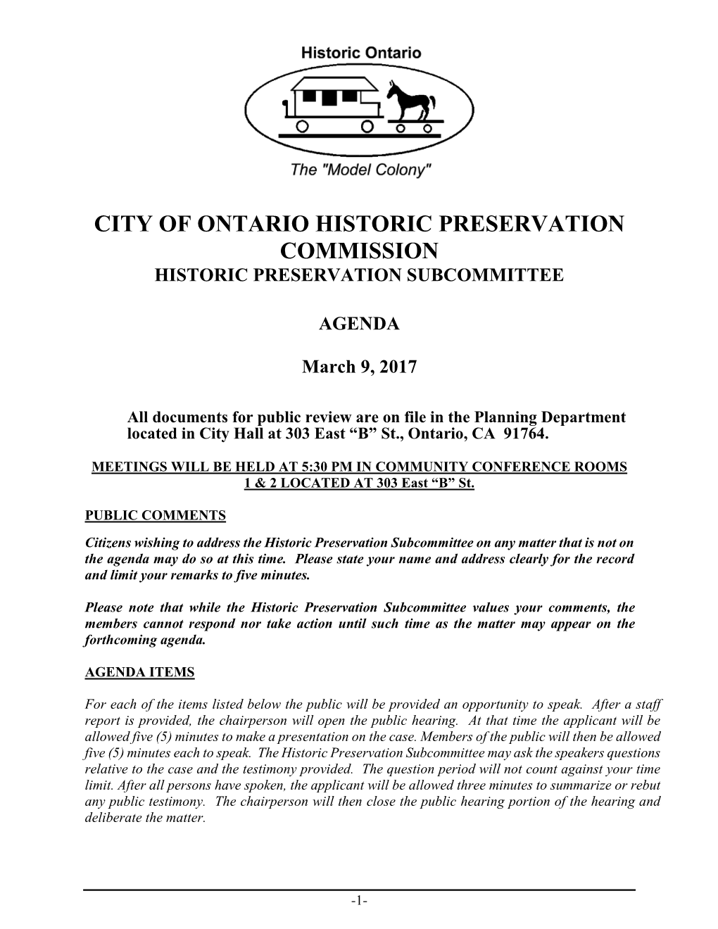 City of Ontario Historic Preservation Commission Historic Preservation Subcommittee