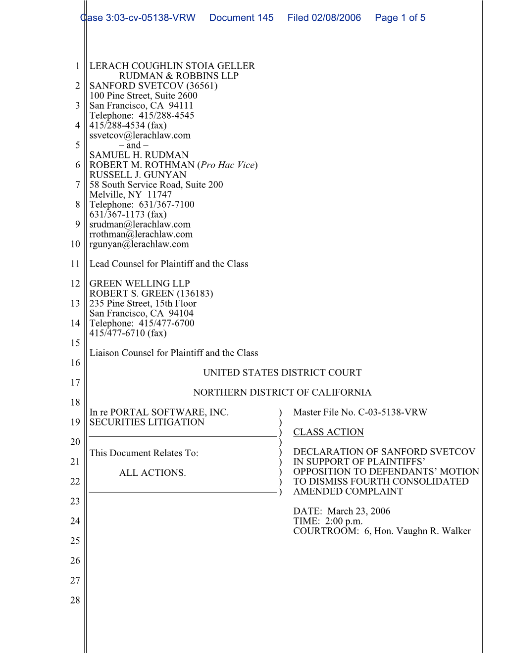 In Re Portal Software, Inc. Securities Litigation 03-CV-5138