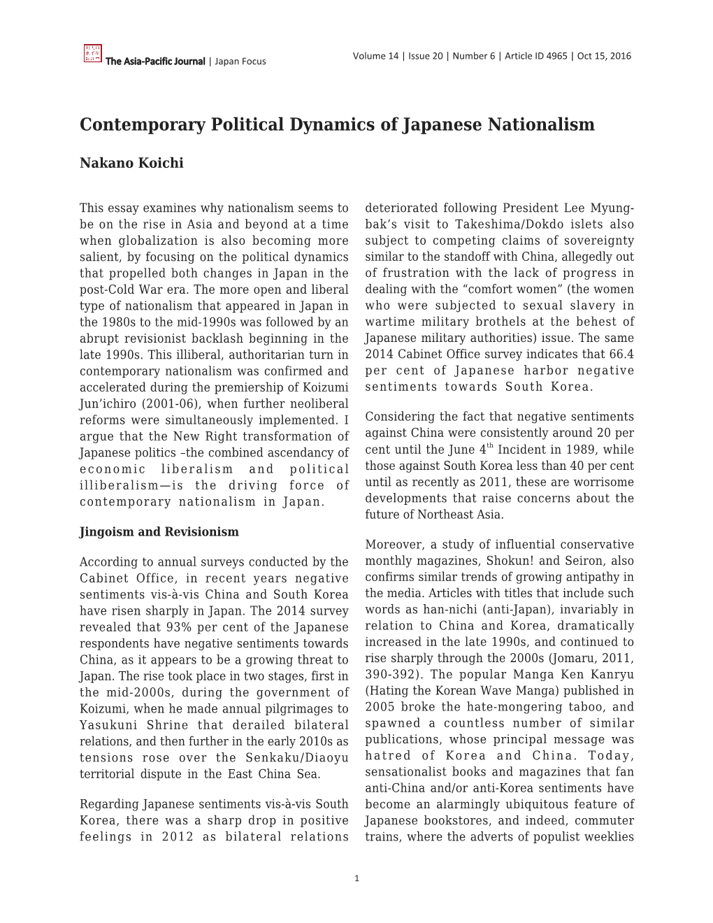 Contemporary Political Dynamics of Japanese Nationalism