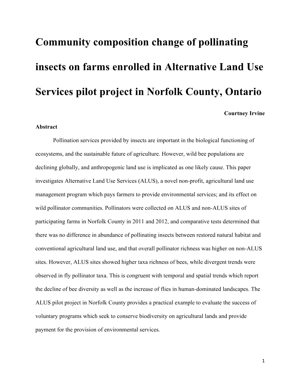 Community Composition of Pollinating Insects on Farms