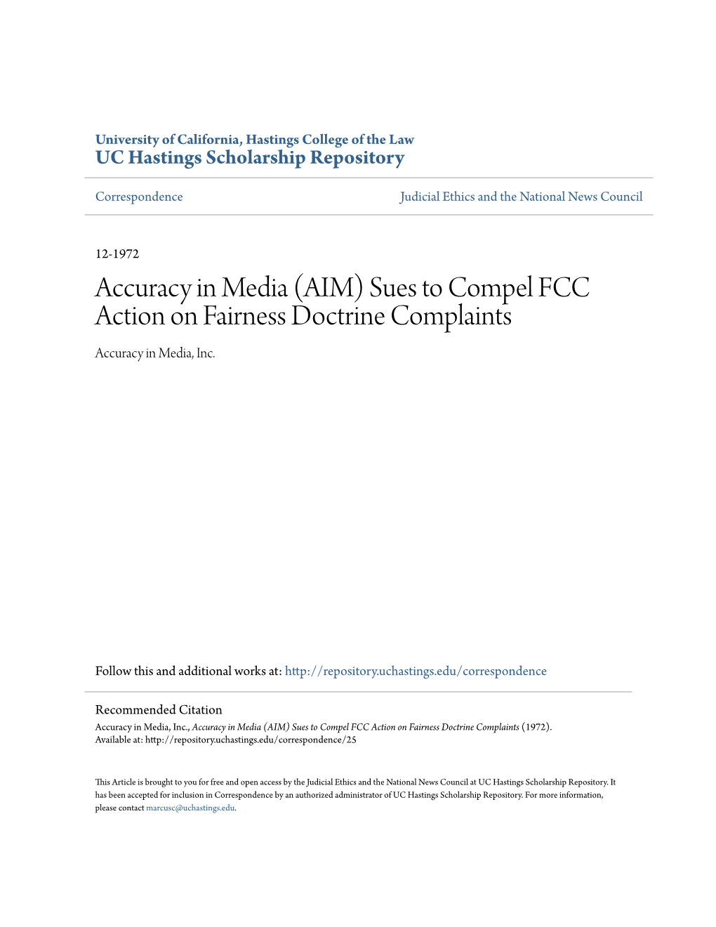 Accuracy in Media (AIM) Sues to Compel FCC Action on Fairness Doctrine Complaints Accuracy in Media, Inc