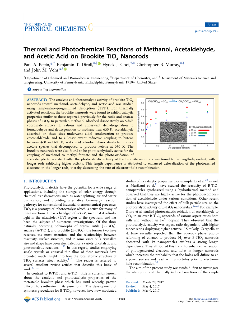 Thermal and Photochemical Reactions of Methanol, Acetaldehyde, and Acetic Acid on Brookite Tio2 Nanorods Paul A