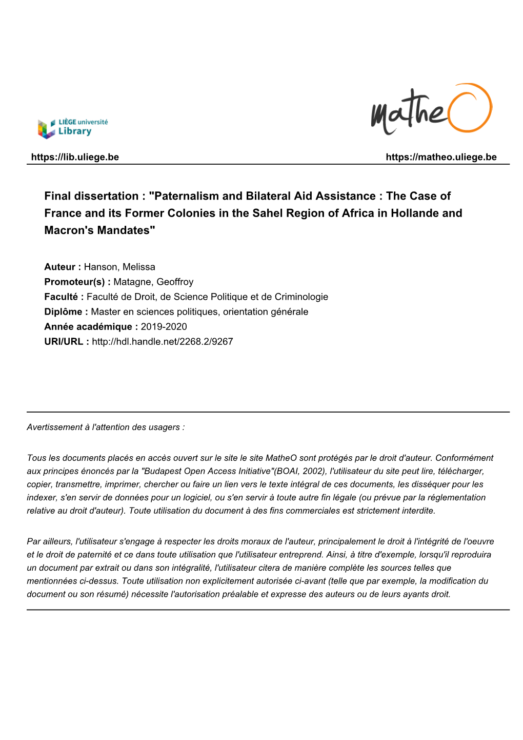 Paternalism and Bilateral Aid Assistance : the Case of France and Its Former Colonies in the Sahel Region of Africa in Hollande and Macron's Mandates