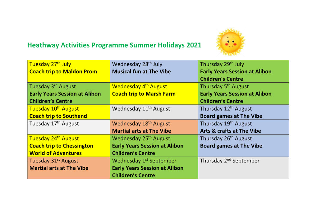 Heathway Activities Programme Summer Holidays 2021