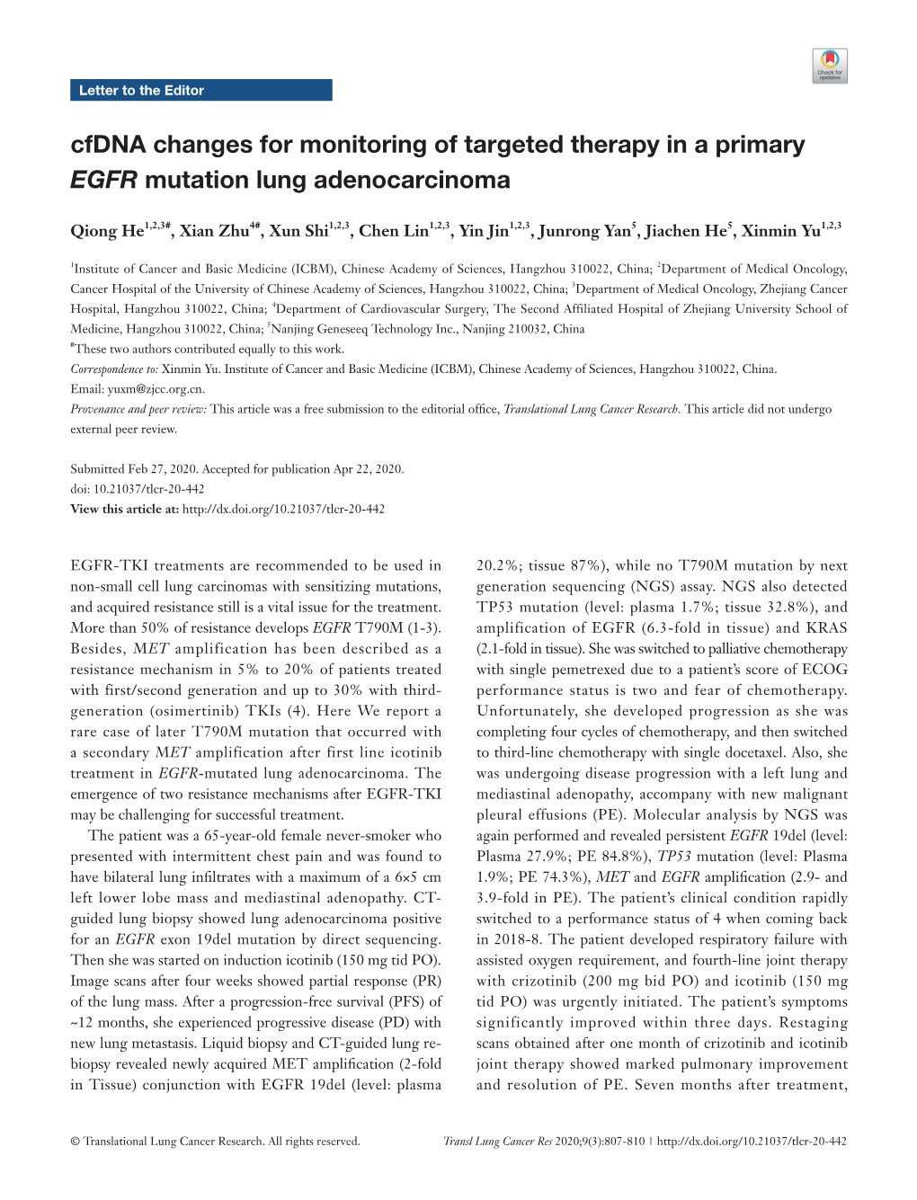 Cfdna Changes for Monitoring of Targeted Therapy in a Primary EGFR Mutation Lung Adenocarcinoma