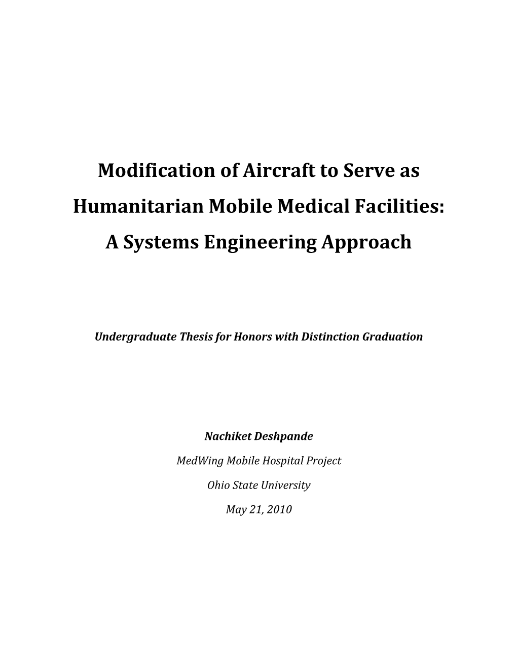 Modification of Aircraft to Serve As Humanitarian Mobile Medical Facilities