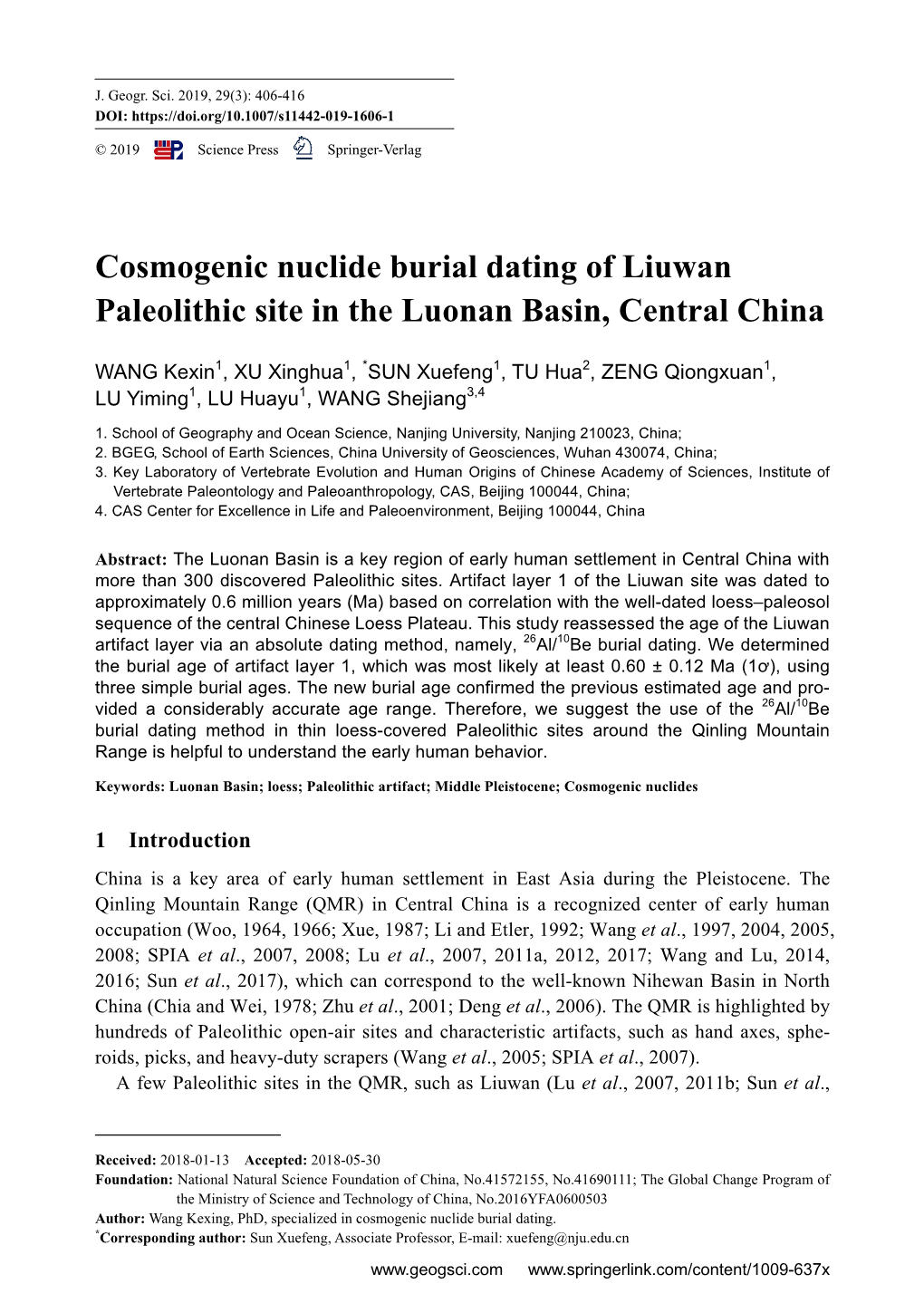 Cosmogenic Nuclide Burial Dating of Liuwan Paleolithic Site in the Luonan Basin, Central China