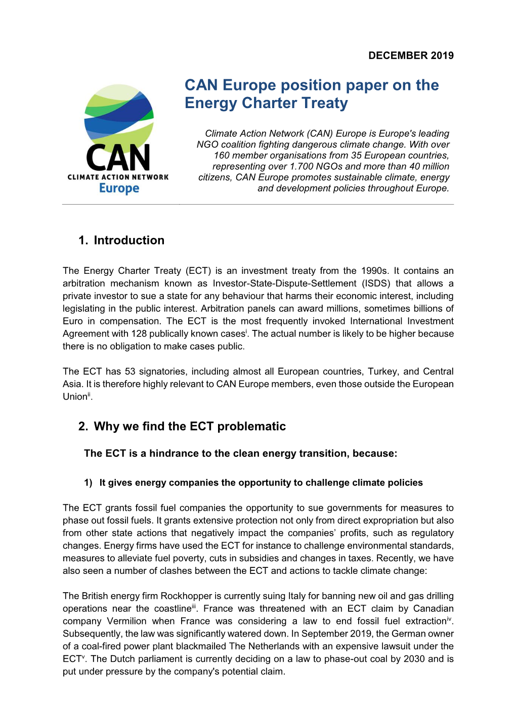 CAN Europe Position Paper on the Energy Charter Treaty