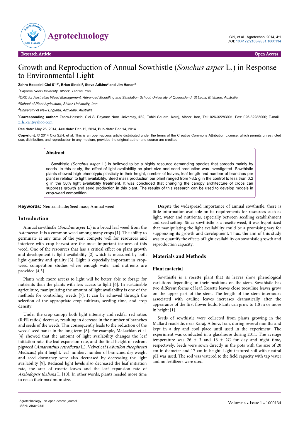 Growth and Reproduction of Annual Sowthistle (Sonchus Asper L.) In