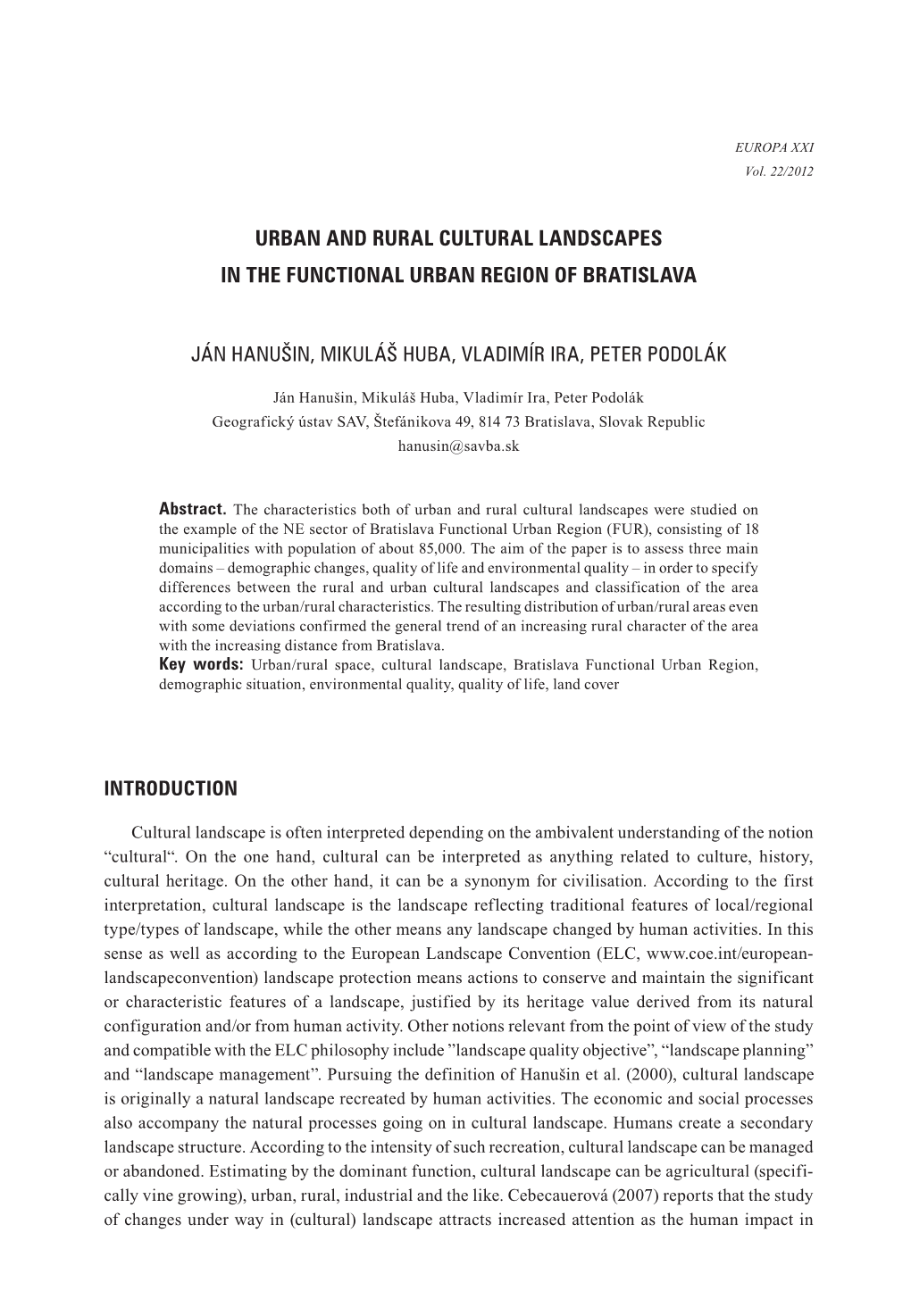Urban and Rural Cultural Landscapes in the Functional Urban Region of Bratislava
