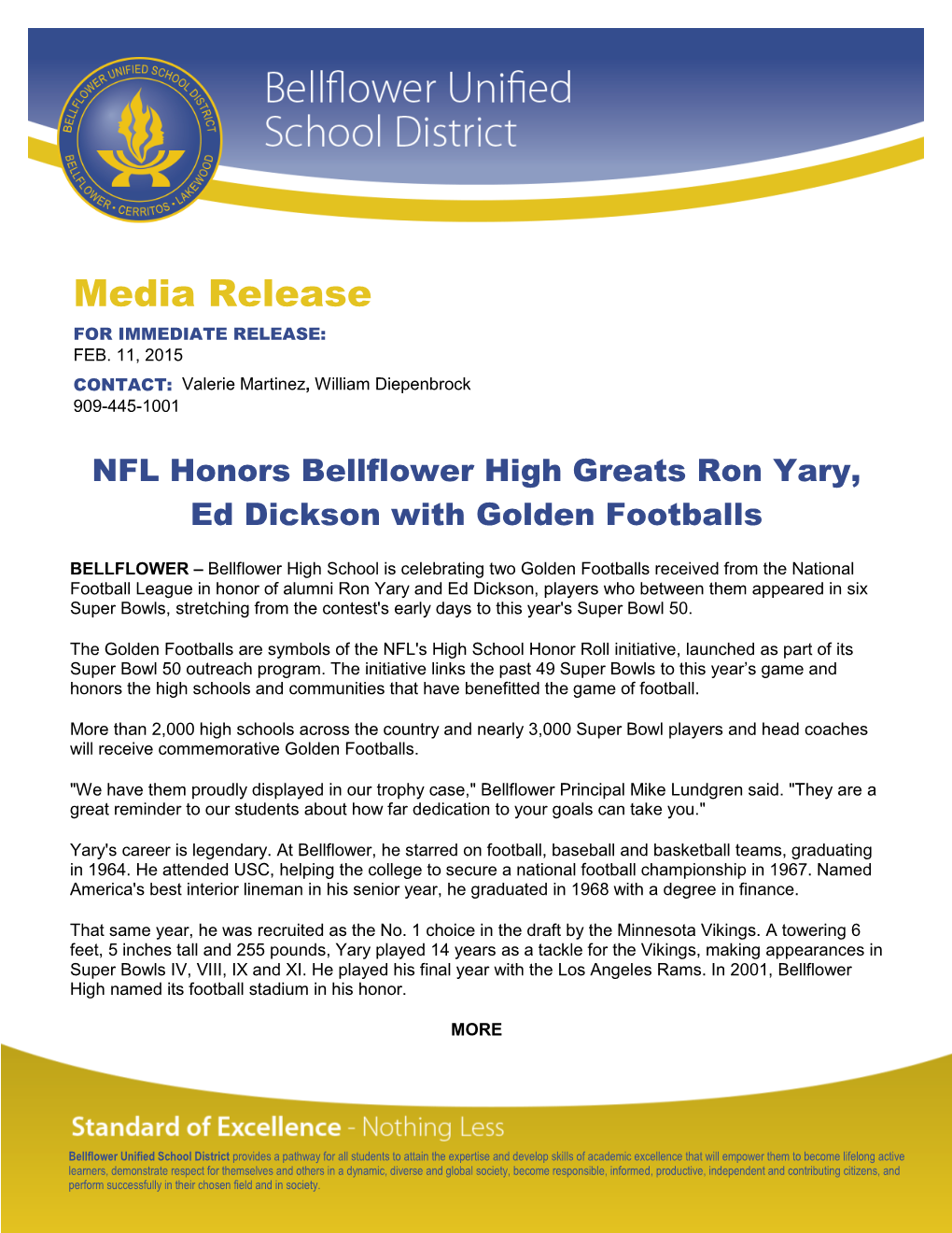 NFL Honors Bellflower High Greats Ron Yary, Ed Dickson with Golden Footballs