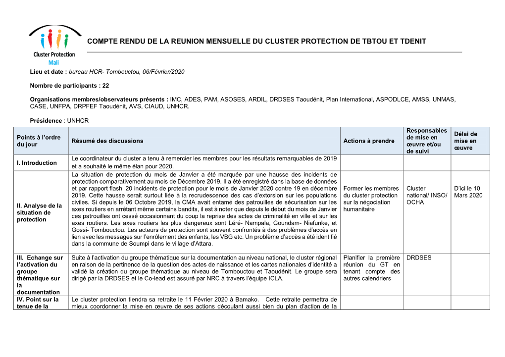 Compte Rendu De La Reunion Mensuelle Du Cluster Protection De Tbtou Et Tdenit